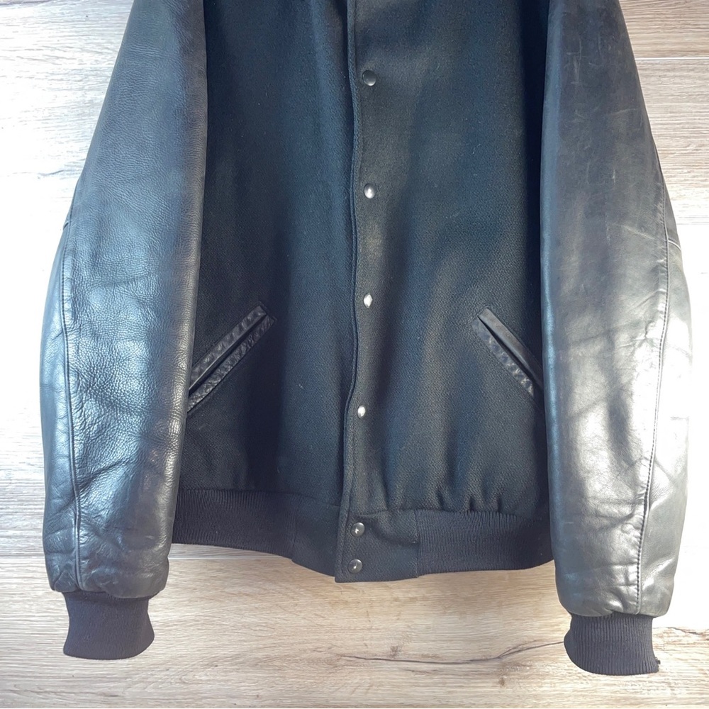 Vintage 90s Black 100% Leather & Wool Letterman Jacket Made in USA Mens XL Long - Picture 5 of 16